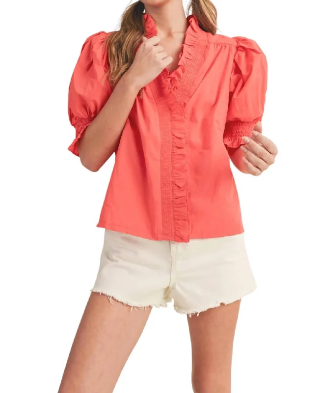 High-Quality Women's Fashion Dresses Gemma Ruffle Trim Top In Coral