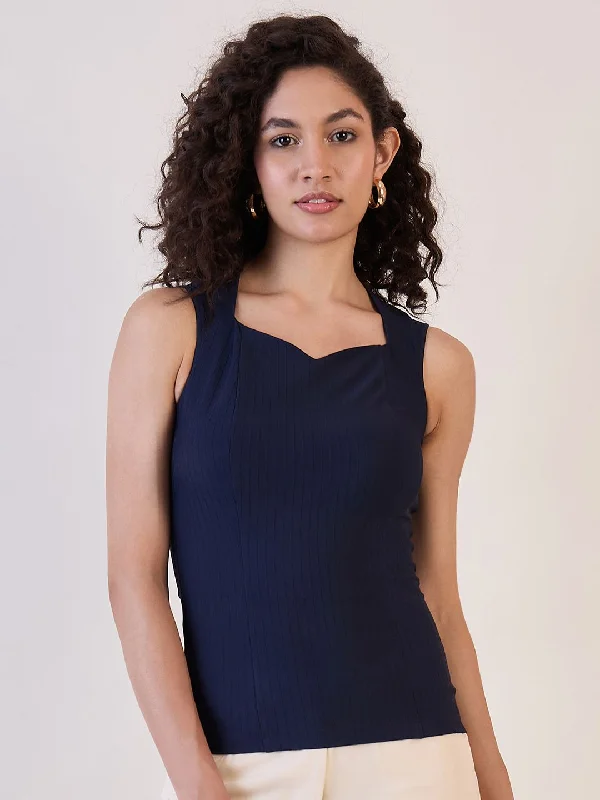 High End Women's Wear Navy Blue Sweetheart Neck Top