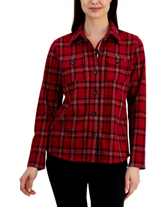 Enjoy Discount Womens Collared Plaid Button-Down Top