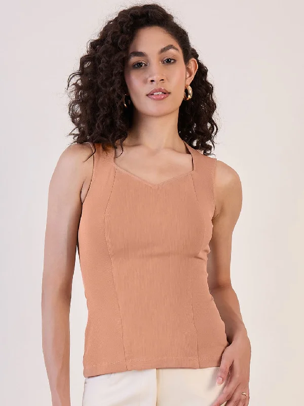 Vibrant Styles Camel Brown Sweetheart Neck Top