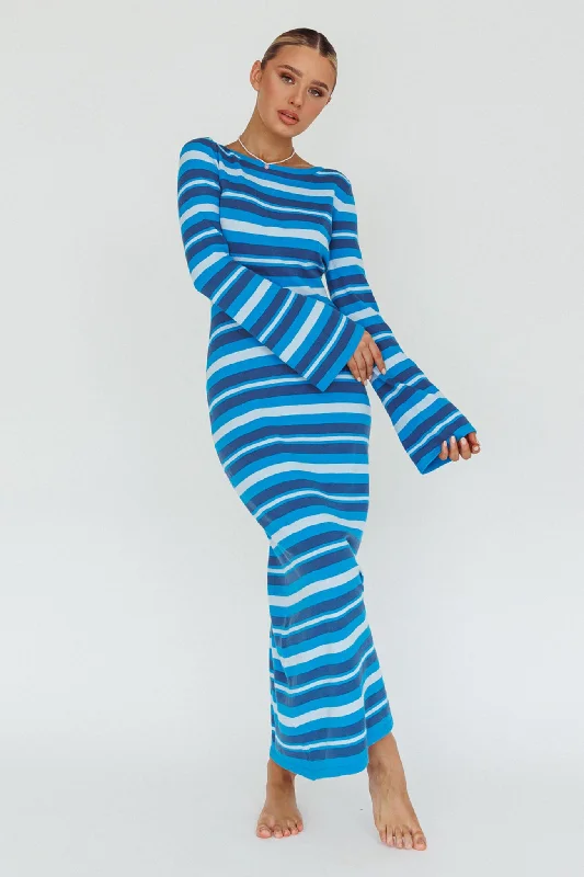 Effortless Chic Apparel Jozie Long Sleeve Maxi Dress Stripe Blue