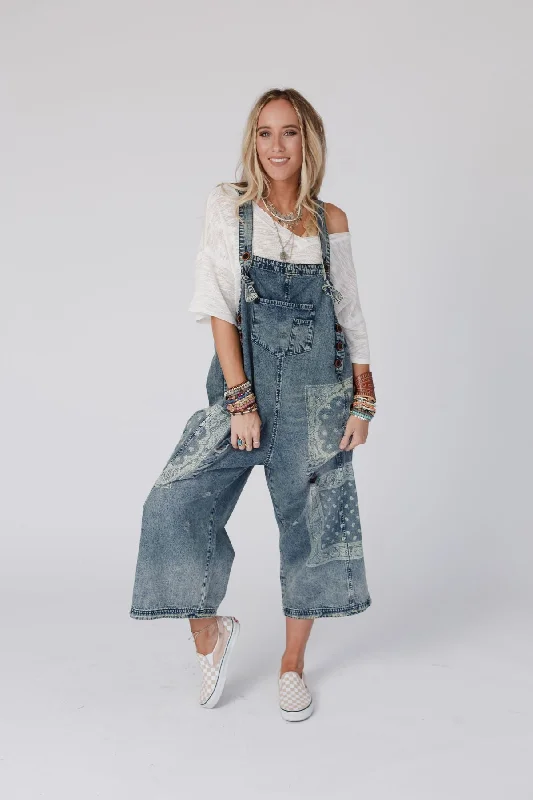 Elegant Women's Fashion High Hopes Slouchy Denim Overalls - Denim Bandana