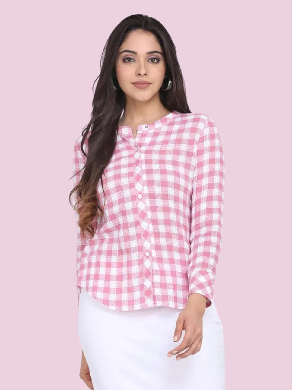 Women's Clothing Online Sale Cotton Checkered Mandarin Collar Top - Pink