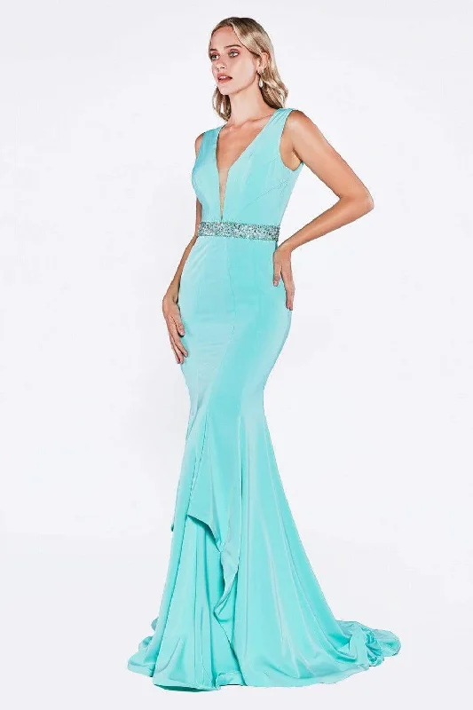 Latest Fashion Cinderella Divine - P107 Bead Accented Deep V-neck Trumpet Dress