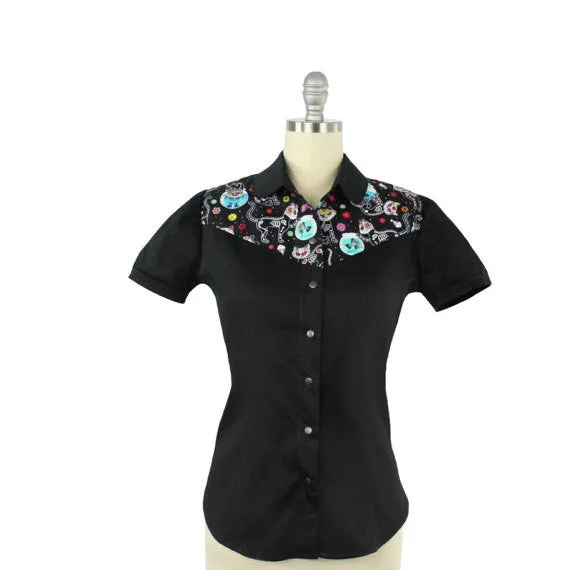 Sophisticated Outfits Rockabilly Kitty Kat Top With Snaps XS-4XL #KS-103