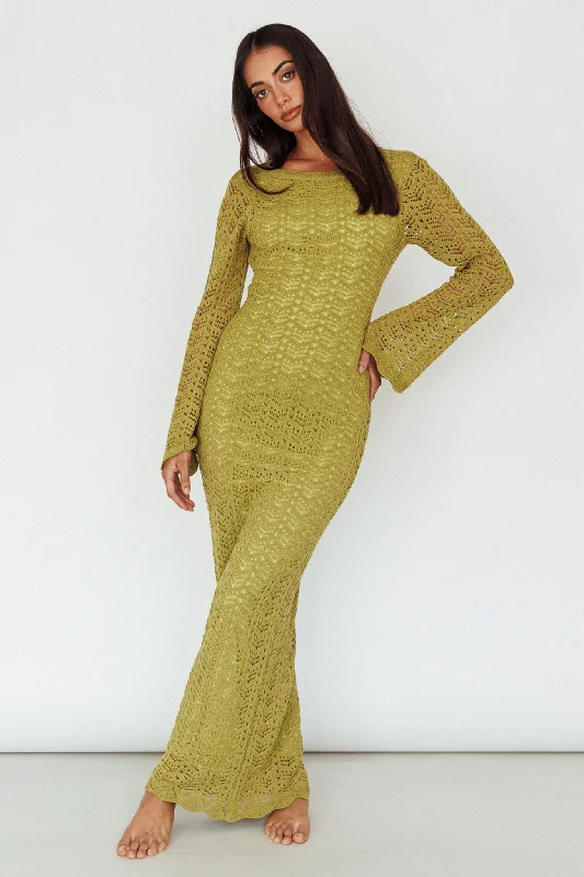 Limited Styles Hyland Open Back Crochet Maxi Dress Olive