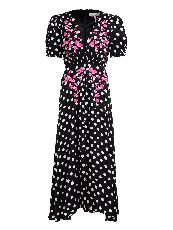 Timeless Elegance Lea Long Dress in Polka Dot Flower Embroidery