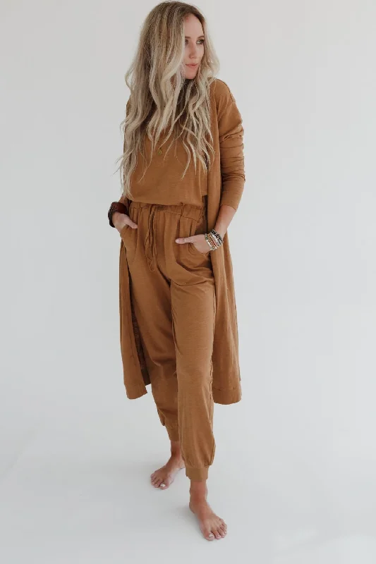 Stylish Loungewear for Women Set to Go Textured Jumpsuit And Cardigan Set - Camel