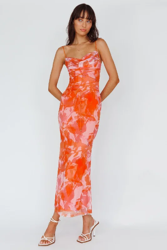 Stylish Women's Clothes for Work and Play Teava Laced Waist Maxi Dress Print Floral Orange