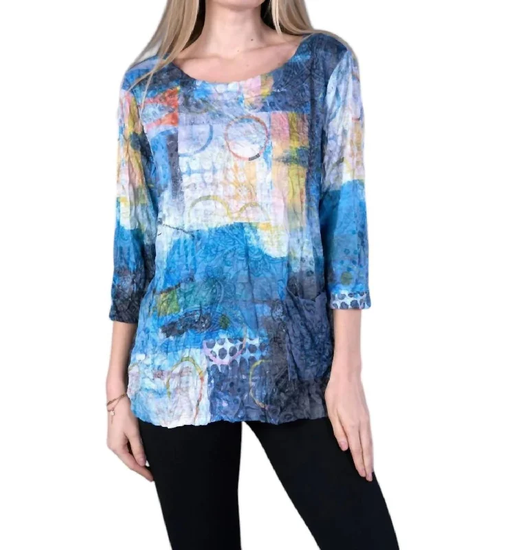 Sophisticated Women's Fashion Abstract Blues Boatneck Top