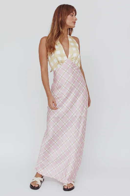 Chic Outfits Lavara Halterneck Maxi Dress Checker Pink