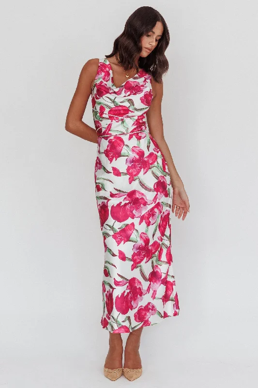 Ride The Style Wave Serenitie Cowl Neck Waist Tie Maxi Dress Floral Pink