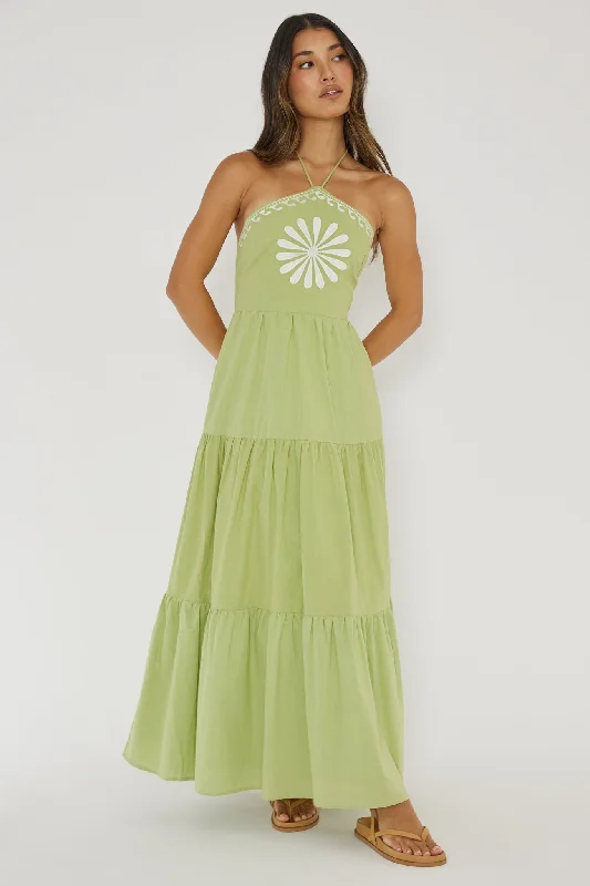 Fashion Forward Femininity Life Elixir Halterneck Embroidered Maxi Dress Green