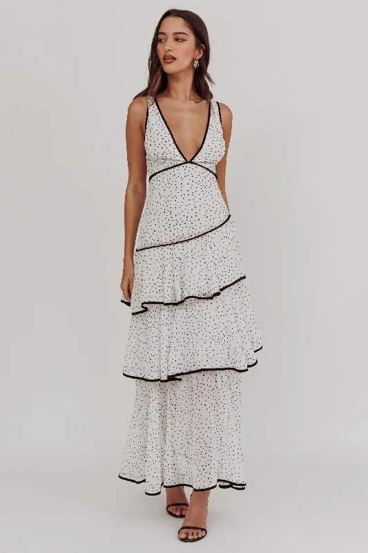 Comfortable Clothes Veda Strappy Back Ruffle Maxi Dress Polka Dot White