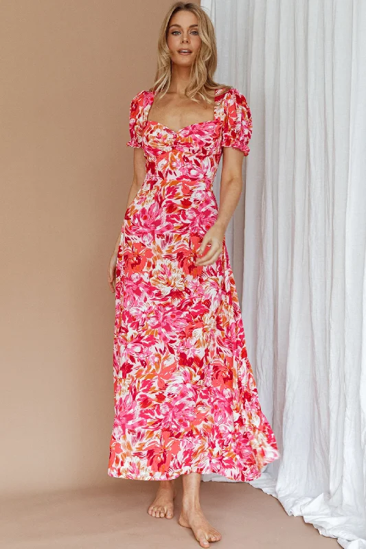 Style Revolution Montebello Puff Sleeve Maxi Dress Floral Pink/Orange