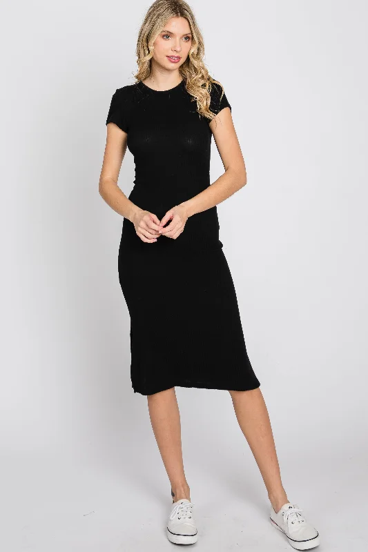 Fashion-forward Women's Clothing Black Brushed Ribbed Midi Dress