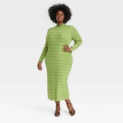 Vibrant Styles New - Black History Month Women's Long Sleeve House of Aama High Neck Maxi Knit Dress - Green Striped 2X