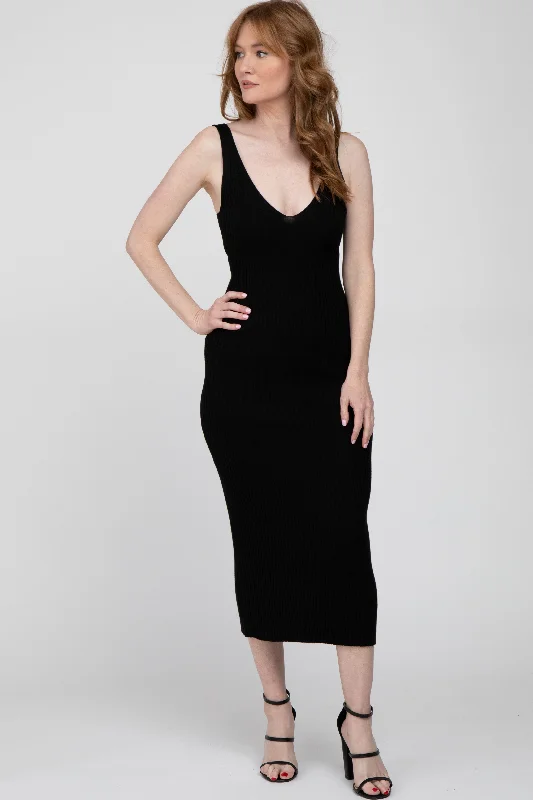 Affordable Women's Clothing Online Black Ribbed Sleeveless Knit Midi Dress