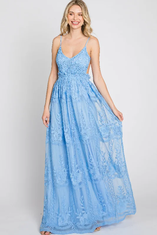 Fashionista Favorites Blue Crochet Lace Open Back Maxi Dress