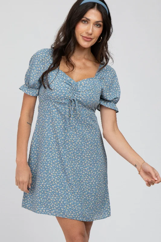 Big Sale Event Blue Floral Cinched Sweetheart Neck Dress