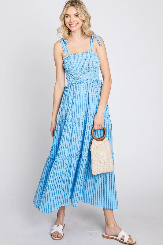 Vibrant Femme Fashion Blue Striped Smocked Shoulder Tie Midi Dress