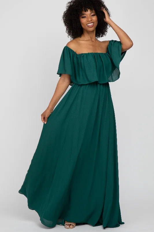 Trendy Women's Wear Collection Forest Green Chiffon Off Shoulder Gown