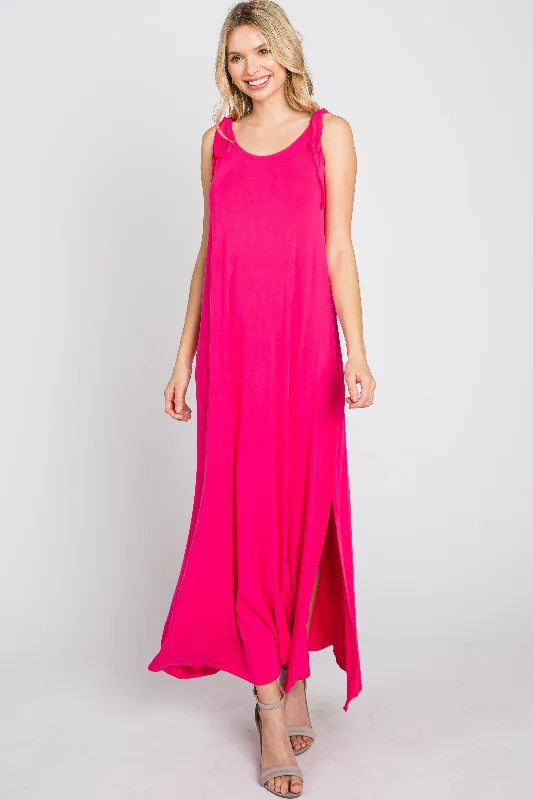 Versatile Women's Fashion Fuchsia Tie Strap Side Slit Maxi Dress