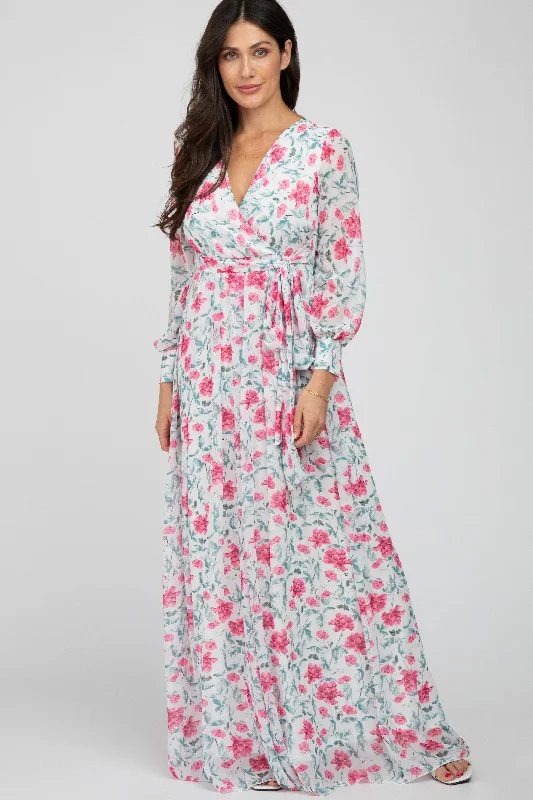 Business Casual Outfits Ivory Floral Chiffon Long Sleeve Pleated Maxi Dress