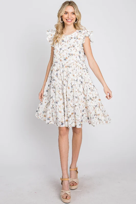 Classic Women's Fashion Ivory Floral Embroidered Tiered Dress