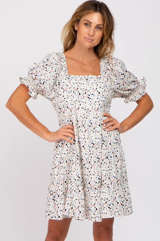 Ride The Style Wave Ivory Printed Puff Sleeve Tiered Dress