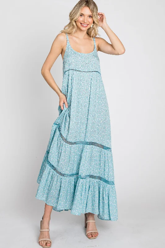 Chic & Cozy Collection Light Blue Ditsy Floral Crochet Accent Maxi Dress