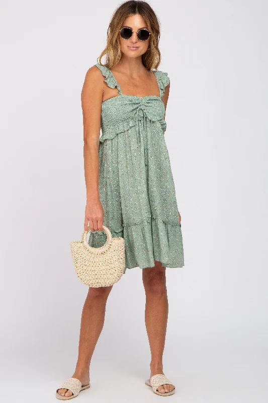 The Epitome Of Modern Women's Fashion Light Olive Floral Ruffle Accent Smocked Dress