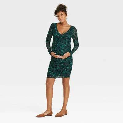 Runway Inspired Wear Long Sleeve Mesh Mini Maternity Bodycon Dress - Isabel Maternity by Ingrid & Isabel Green