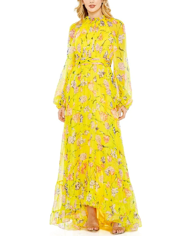 Minimalist Women's Fashion Clothing Mac Duggal Floral Print Chiffon Ruched Raglan Sleeve Gown