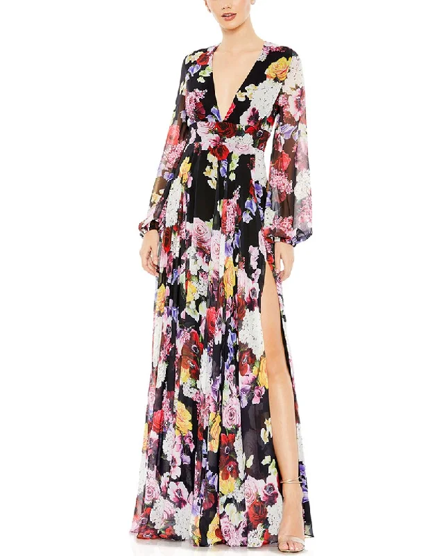 Timeless Women's Fashion Styles Mac Duggal Floral Print Illusion V Neck Gown