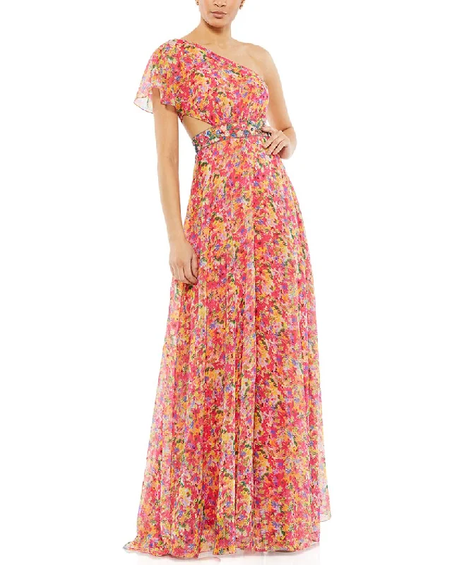 Flash Sales This Week Mac Duggal Floral Print One Shoulder Butterfly Sleeve A-Line