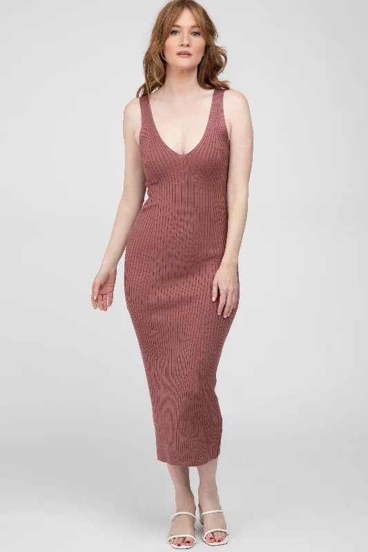 Sales For Clothes Mauve Ribbed Sleeveless Knit Midi Dress