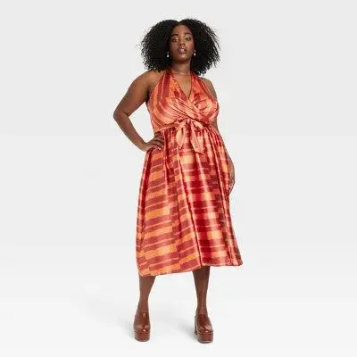 Casual and Comfortable Outfits Black History Month Women's House of Aama Halter Neck A-Line Dress - Red Striped 1X