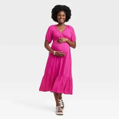 Summer Deals Isabel Maternity Women's Woven Maternity Midi Dress Elbow Sleeve