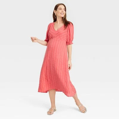 Discount Price New - The Nines by HATCH Elbow Sleeve Tonal Maternity Dress Tomato Red Striped M