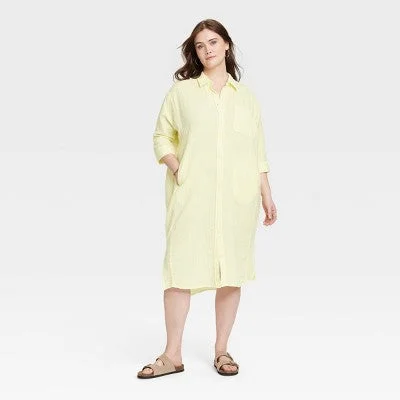 Fashion Forward New - Women's 3/4 Sleeve Midi Shirtdress - Universal Thread Yellow 2X