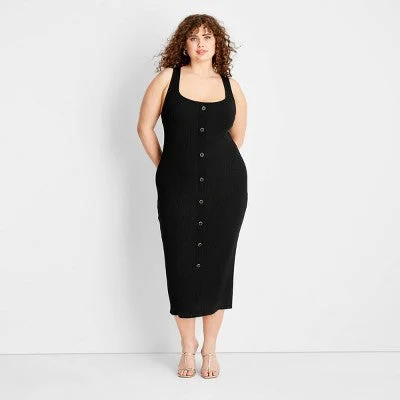 Clothing Online New - Women's Button-Front Ribbed Midi Dress - Future Collective with Jenee Naylor Black 2X