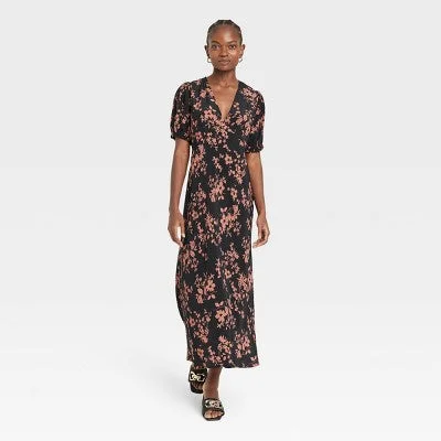 Trend Alert New - Women's Crepe Puff Short Sleeve Midi Dress - A New Day Black/Brown Floral XS