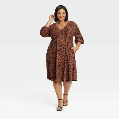 Comfy Women's Outfits for Daily Wear Women's Dolman 3/4 Sleeve Knit Empire Waist Dress - Ava & Viv Brown Houndstooth 3X