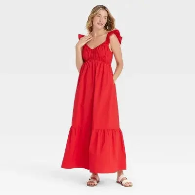 Plus Size Women's Fashion and Clothing New - Women's Flutter Cap Sleeve Maxi A-Line Dress - Universal Thread Red L