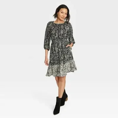 Casual Fashion Trends for Women New - Women's Long Sleeve A-Line Dress - Knox Rose Black Floral XS