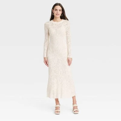 Mega Sale New - Women's Long Sleeve Maxi Pointelle Dress - A New Day Cream S