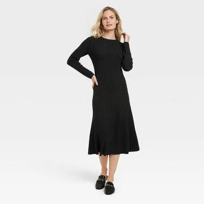 Limited Time Offer New - Women's Long Sleeve Midi Ribbed Sweater Dress - A New Day Black M