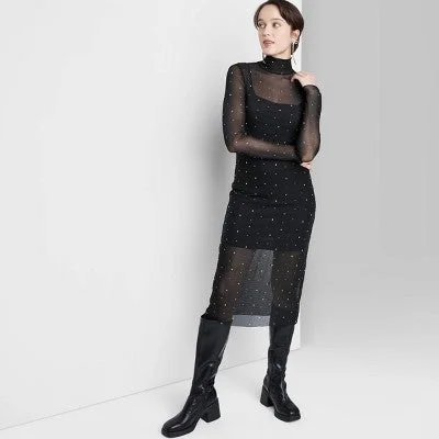 Women's Clothing Online Sale New - Women's Long Sleeve Rhinestone Mesh Midi Dress - Wild Fable Black XXS