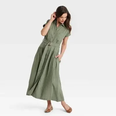 Clothes For Sale New - Women's Short Sleeve Belted Midi Shirtdress - Universal Thread Olive Green L